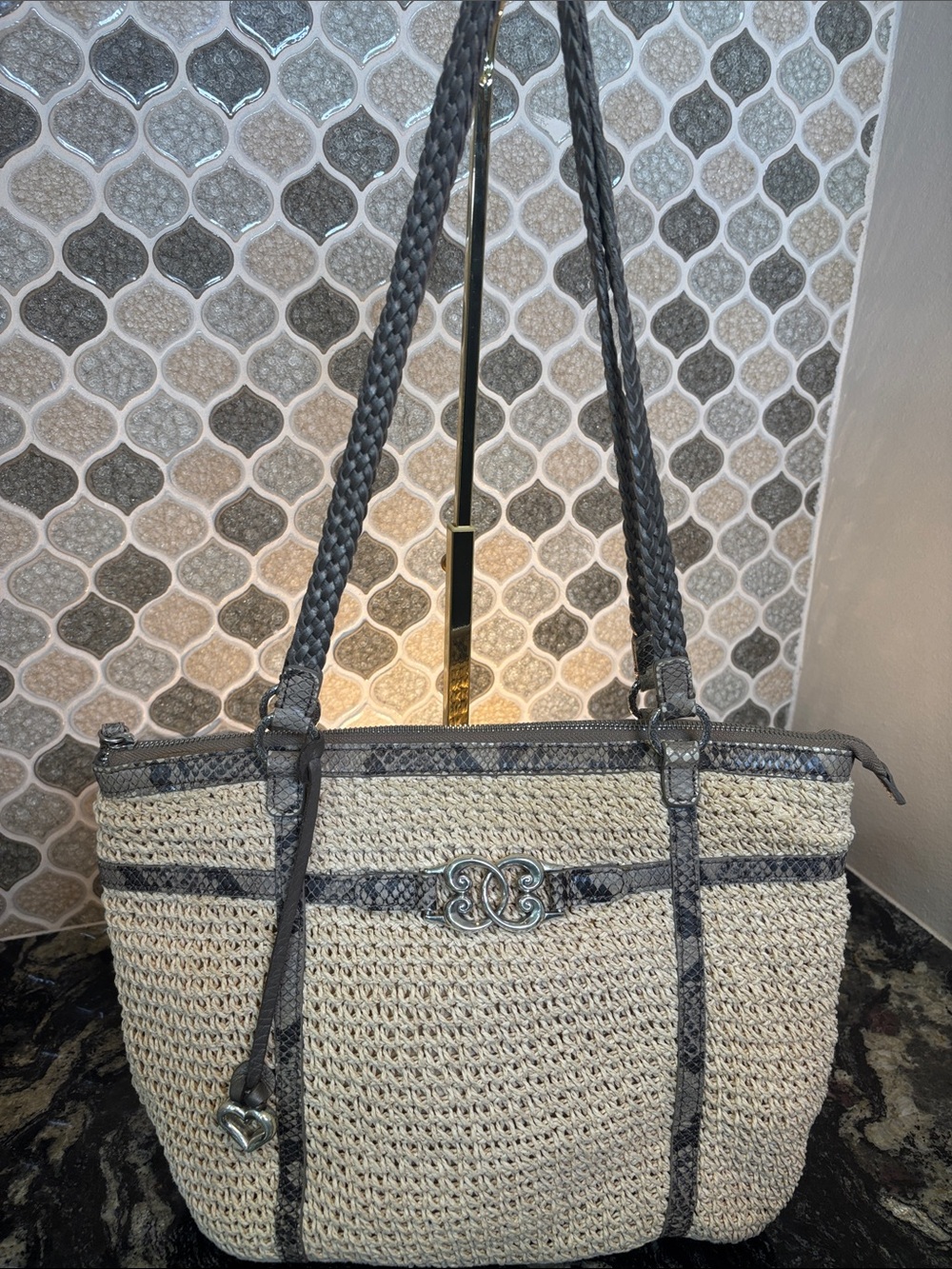 Brighton Natural Straw Tote with Gray Trim